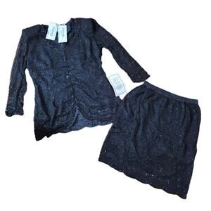 VTG 90s Stenay Beaded Sequins Silk 2PC Black Skirt Set SZ 16 NOS A Patra Company